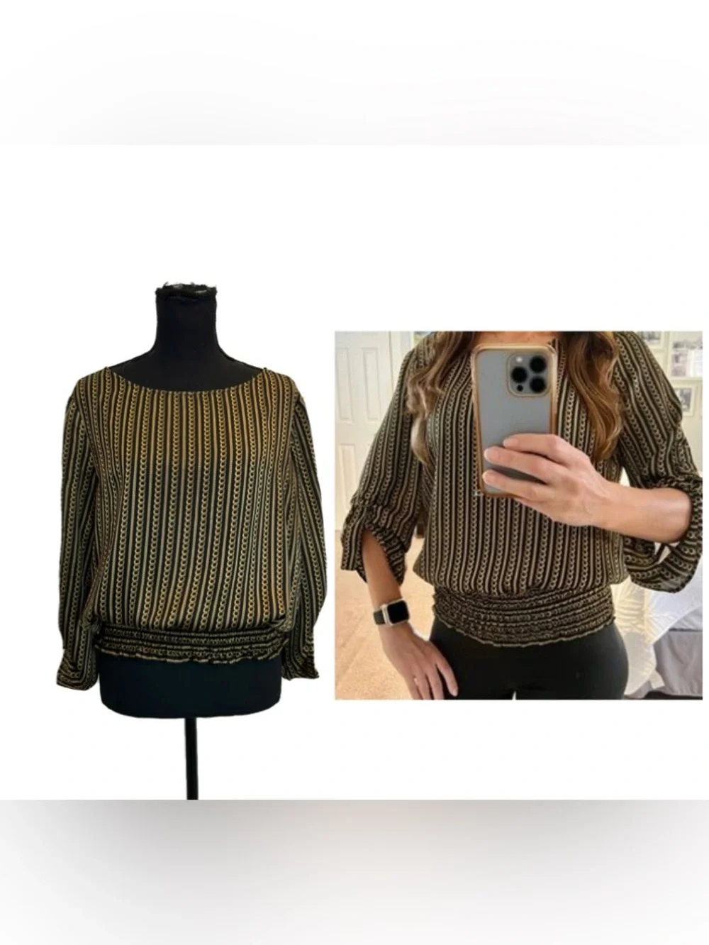 Michael Michael Kors women's blouse black gold chain print elastic waistband L - Picture 11 of 11